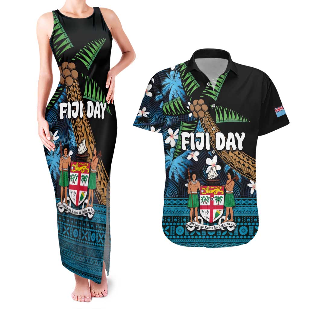 Fiji Day Couples Matching Tank Maxi Dress and Hawaiian Shirt Palm Tree With Plumeria Tapa Tribal Pattern LT03 Blue - Polynesian Pride