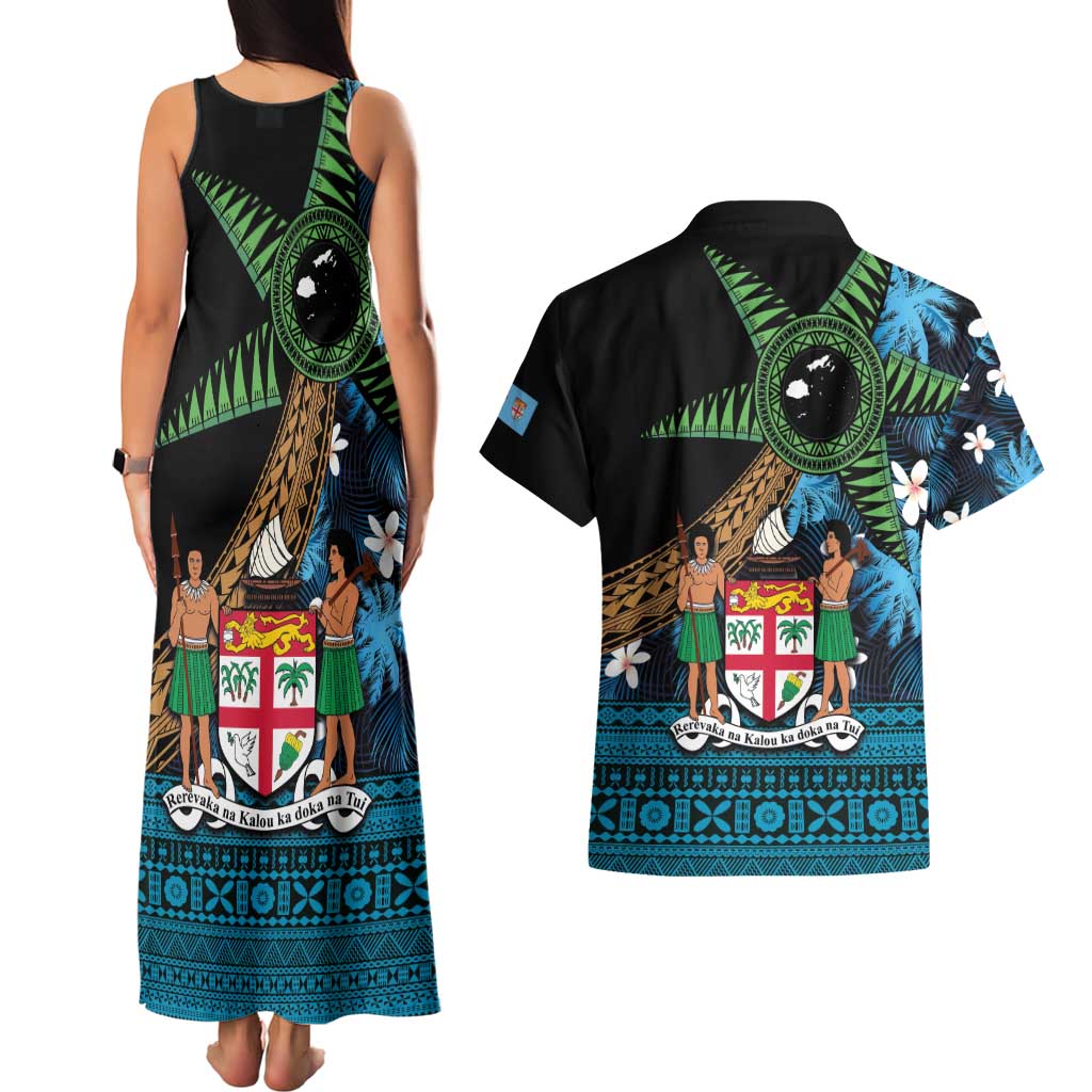 Fiji Day Couples Matching Tank Maxi Dress and Hawaiian Shirt Palm Tree With Plumeria Tapa Tribal Pattern LT03 - Polynesian Pride