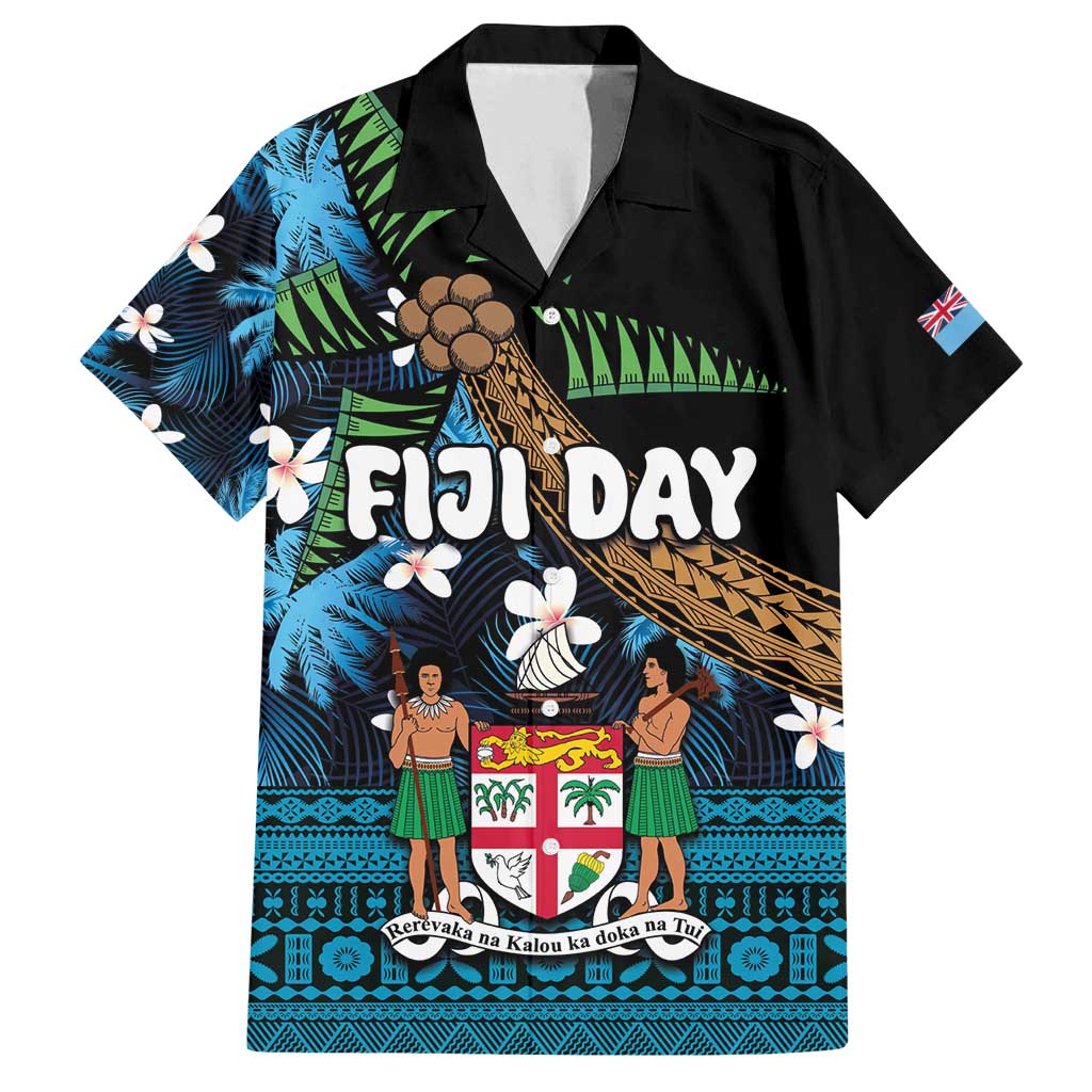 Fiji Day Family Matching Long Sleeve Bodycon Dress and Hawaiian Shirt Palm Tree With Plumeria Tapa Tribal Pattern LT03 Dad's Shirt - Short Sleeve Blue - Polynesian Pride