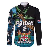 Fiji Day Family Matching Long Sleeve Bodycon Dress and Hawaiian Shirt Palm Tree With Plumeria Tapa Tribal Pattern LT03 Dad's Shirt - Long Sleeve Blue - Polynesian Pride