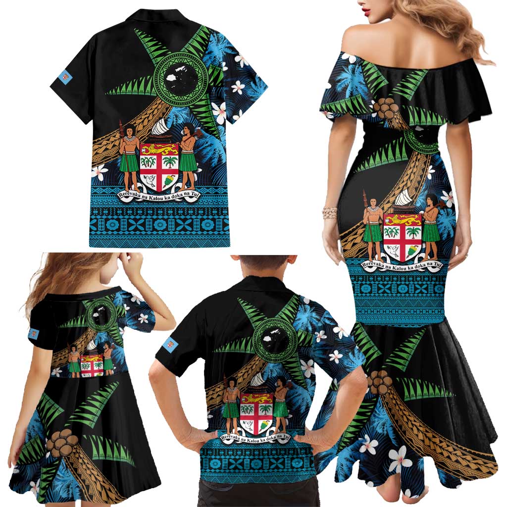 Fiji Day Family Matching Mermaid Dress and Hawaiian Shirt Palm Tree With Plumeria Tapa Tribal Pattern LT03 - Polynesian Pride