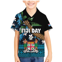 Fiji Day Family Matching Mermaid Dress and Hawaiian Shirt Palm Tree With Plumeria Tapa Tribal Pattern LT03 Son's Shirt Blue - Polynesian Pride