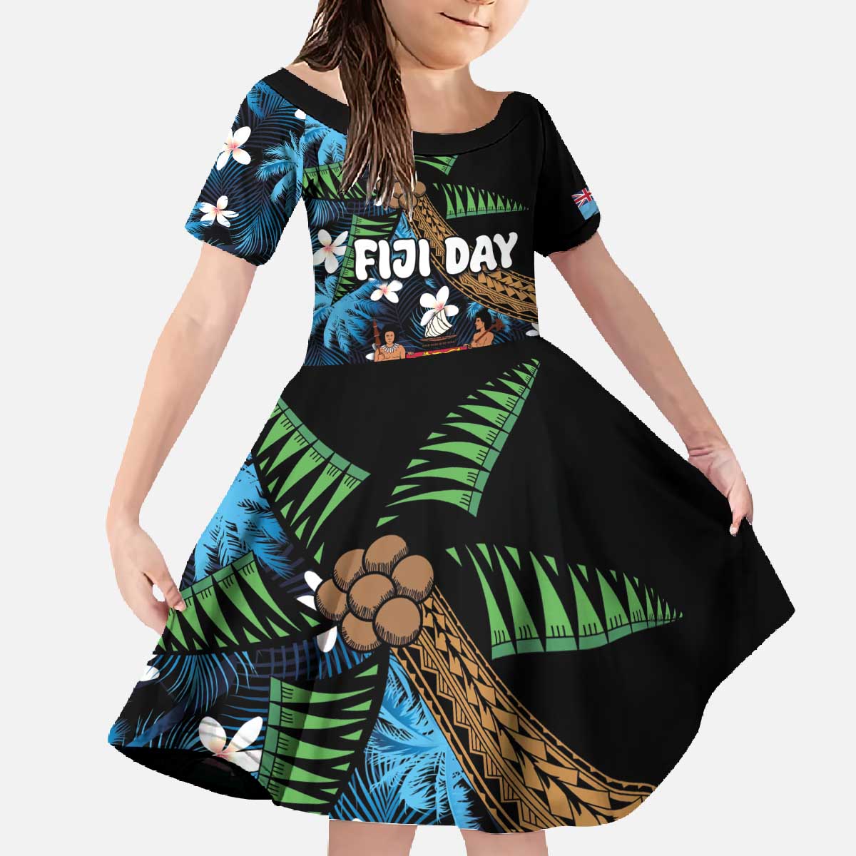 Fiji Day Family Matching Off The Shoulder Long Sleeve Dress and Hawaiian Shirt Palm Tree With Plumeria Tapa Tribal Pattern LT03 Daughter's Dress Blue - Polynesian Pride