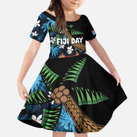 Fiji Day Family Matching Off The Shoulder Long Sleeve Dress and Hawaiian Shirt Palm Tree With Plumeria Tapa Tribal Pattern LT03 Daughter's Dress Blue - Polynesian Pride