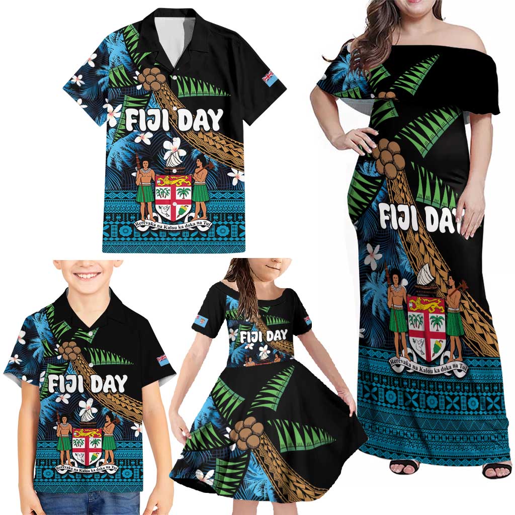 Fiji Day Family Matching Off Shoulder Maxi Dress and Hawaiian Shirt Palm Tree With Plumeria Tapa Tribal Pattern LT03 - Polynesian Pride