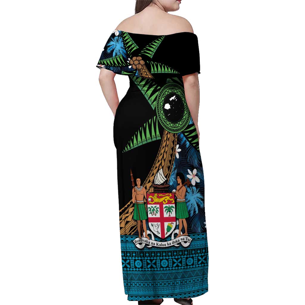 Fiji Day Family Matching Off Shoulder Maxi Dress and Hawaiian Shirt Palm Tree With Plumeria Tapa Tribal Pattern LT03 - Polynesian Pride