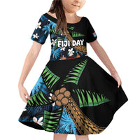 Fiji Day Family Matching Off Shoulder Short Dress and Hawaiian Shirt Palm Tree With Plumeria Tapa Tribal Pattern LT03 Daughter's Dress Blue - Polynesian Pride