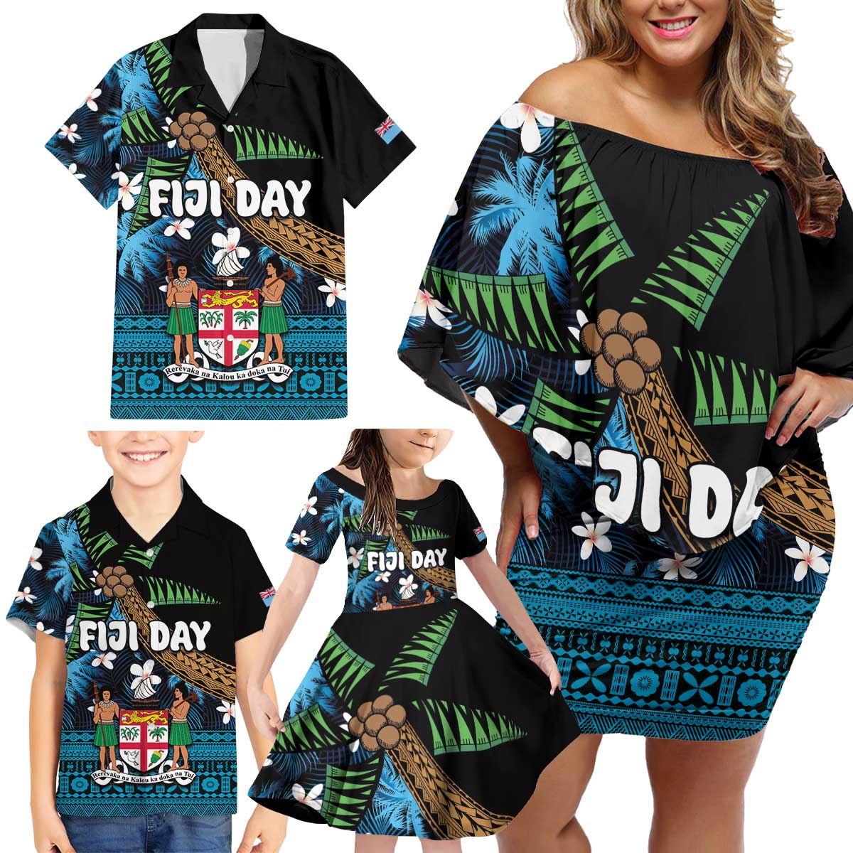 Fiji Day Family Matching Off Shoulder Short Dress and Hawaiian Shirt Palm Tree With Plumeria Tapa Tribal Pattern LT03 - Polynesian Pride