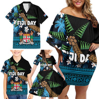Fiji Day Family Matching Off Shoulder Short Dress and Hawaiian Shirt Palm Tree With Plumeria Tapa Tribal Pattern LT03 - Polynesian Pride