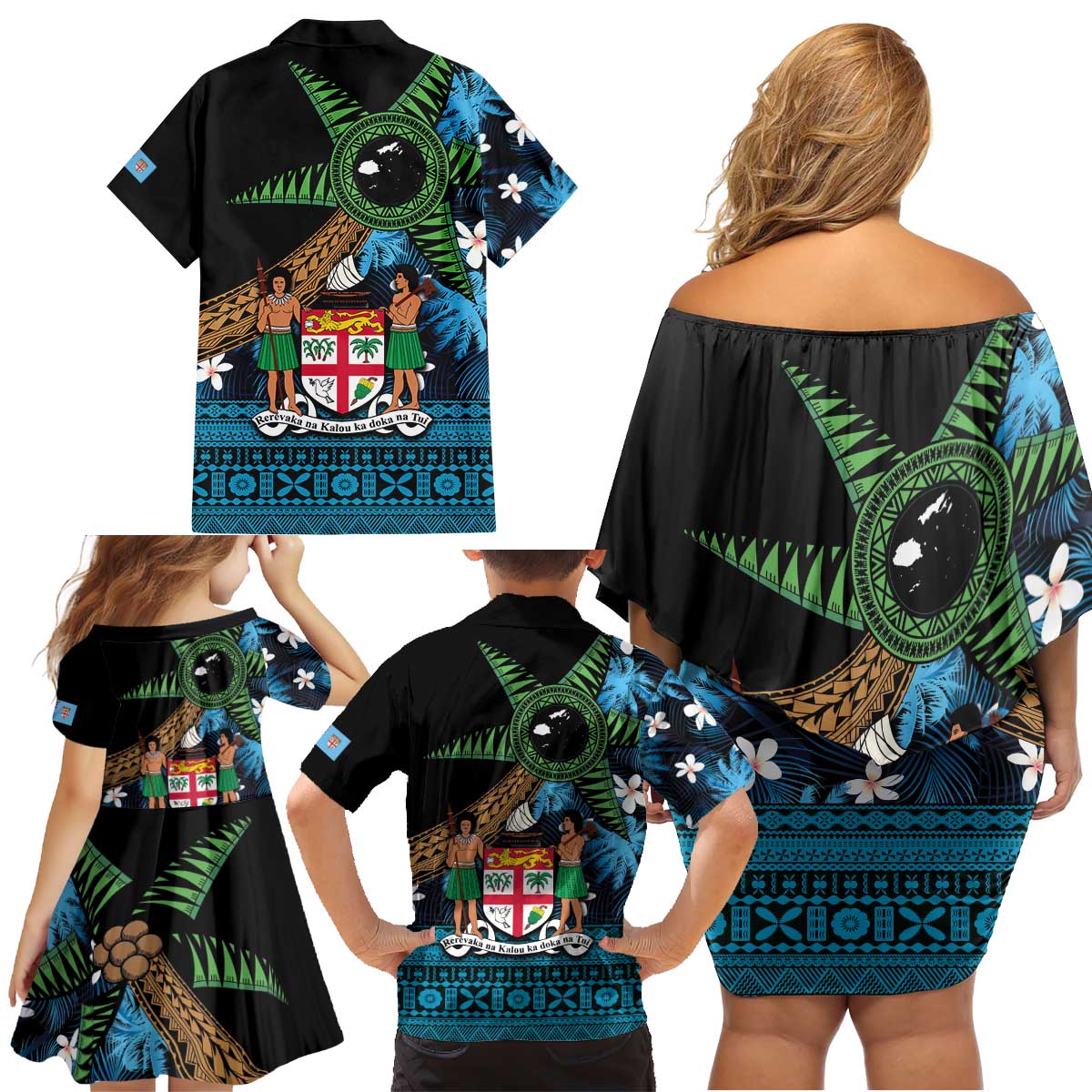 Fiji Day Family Matching Off Shoulder Short Dress and Hawaiian Shirt Palm Tree With Plumeria Tapa Tribal Pattern LT03 - Polynesian Pride