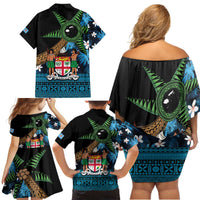 Fiji Day Family Matching Off Shoulder Short Dress and Hawaiian Shirt Palm Tree With Plumeria Tapa Tribal Pattern LT03 - Polynesian Pride