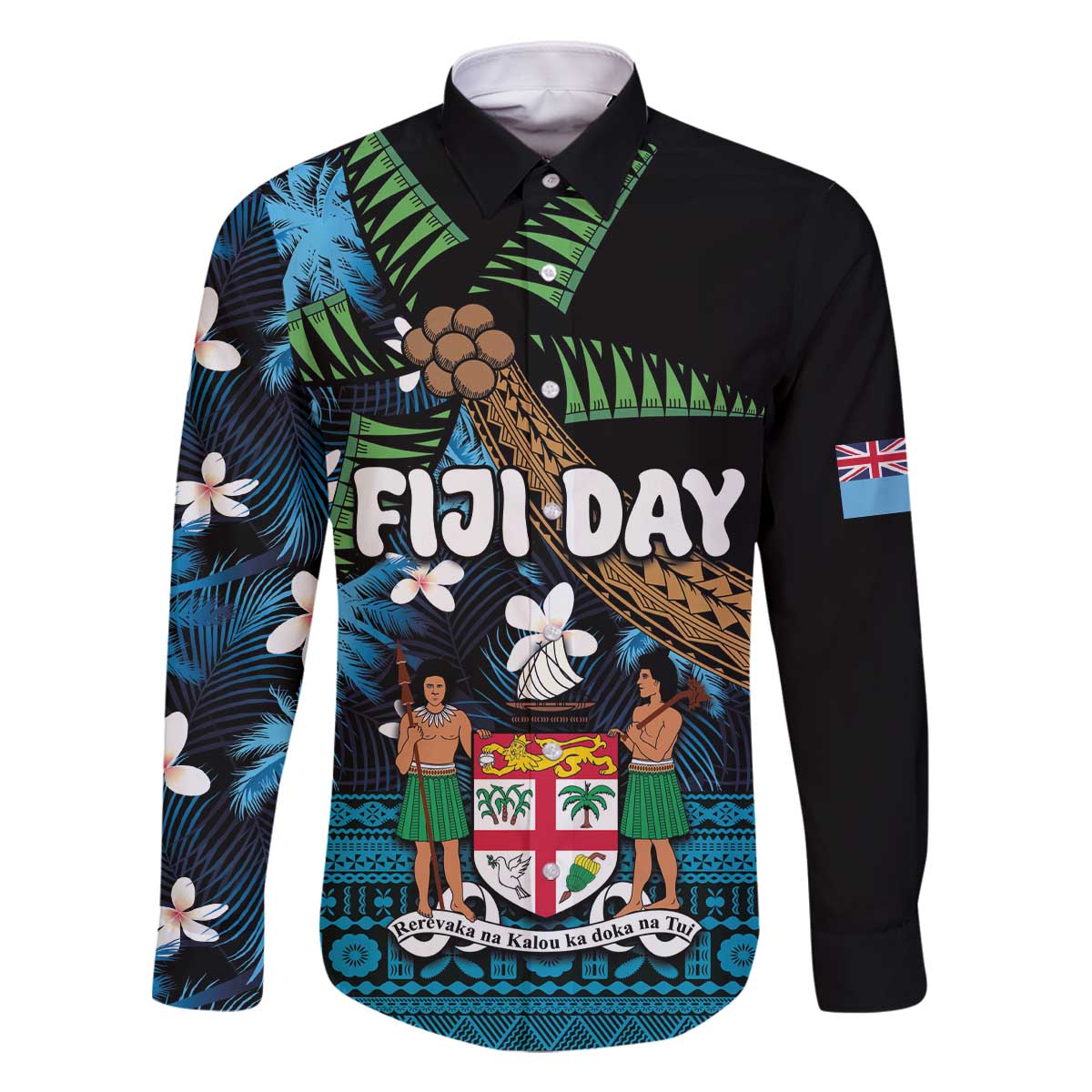 Fiji Day Family Matching Off Shoulder Short Dress and Hawaiian Shirt Palm Tree With Plumeria Tapa Tribal Pattern LT03 Dad's Shirt - Long Sleeve Blue - Polynesian Pride