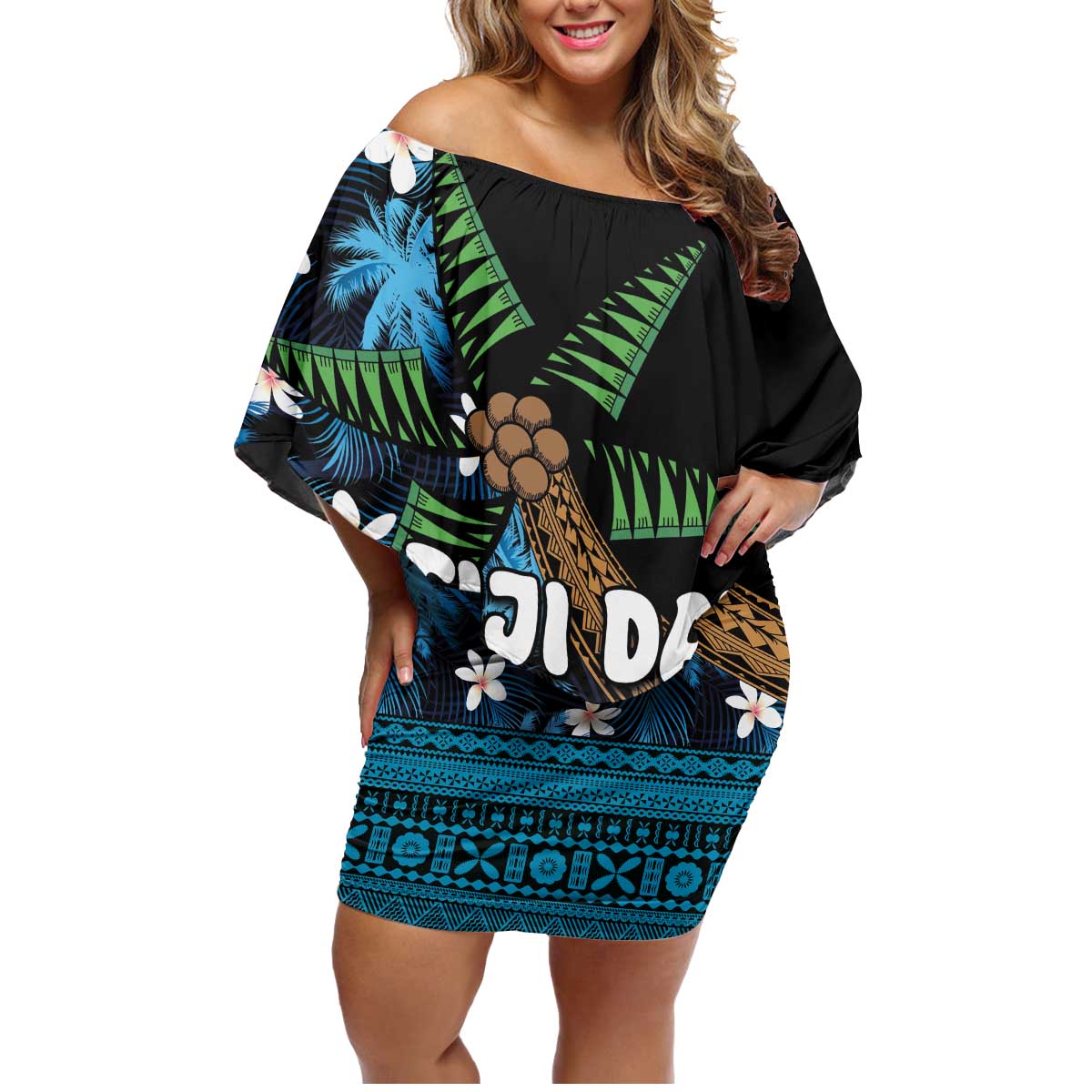 Fiji Day Family Matching Off Shoulder Short Dress and Hawaiian Shirt Palm Tree With Plumeria Tapa Tribal Pattern LT03 Mom's Dress Blue - Polynesian Pride
