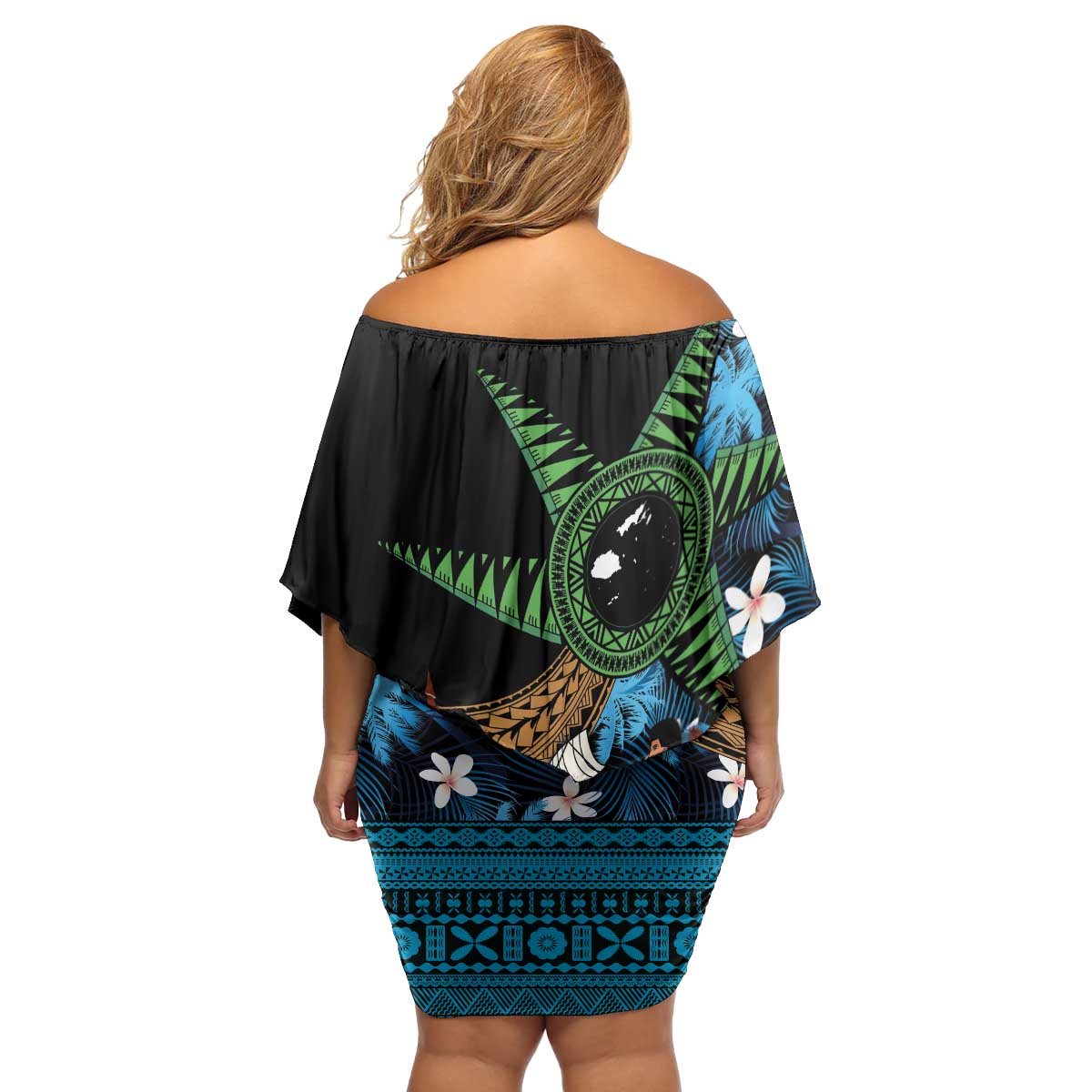 Fiji Day Family Matching Off Shoulder Short Dress and Hawaiian Shirt Palm Tree With Plumeria Tapa Tribal Pattern LT03 - Polynesian Pride