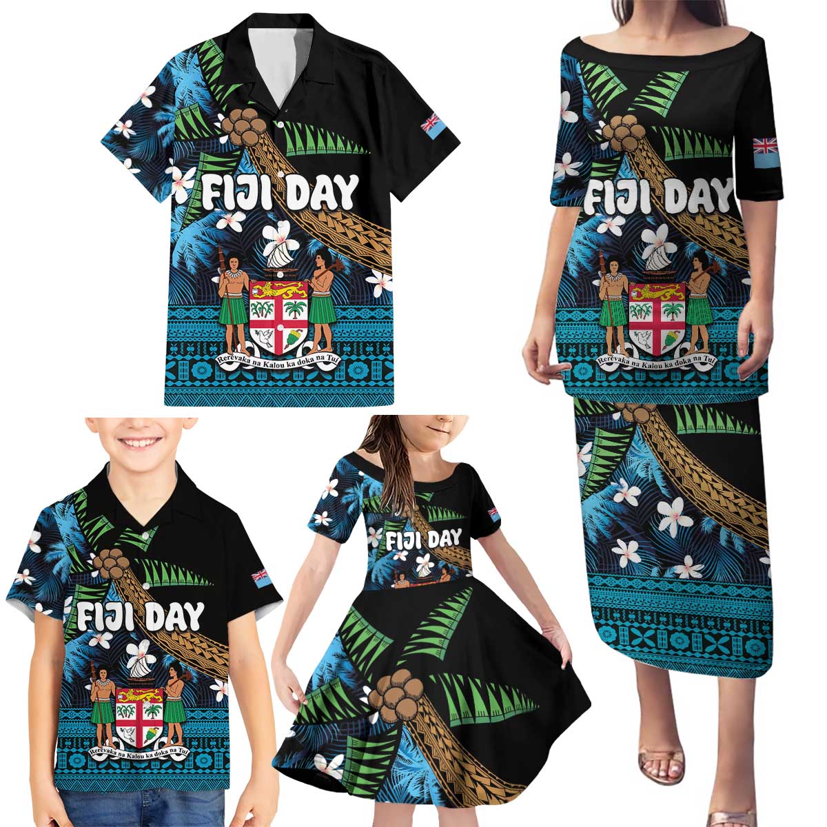 Fiji Day Family Matching Puletasi and Hawaiian Shirt Palm Tree With Plumeria Tapa Tribal Pattern LT03 - Polynesian Pride