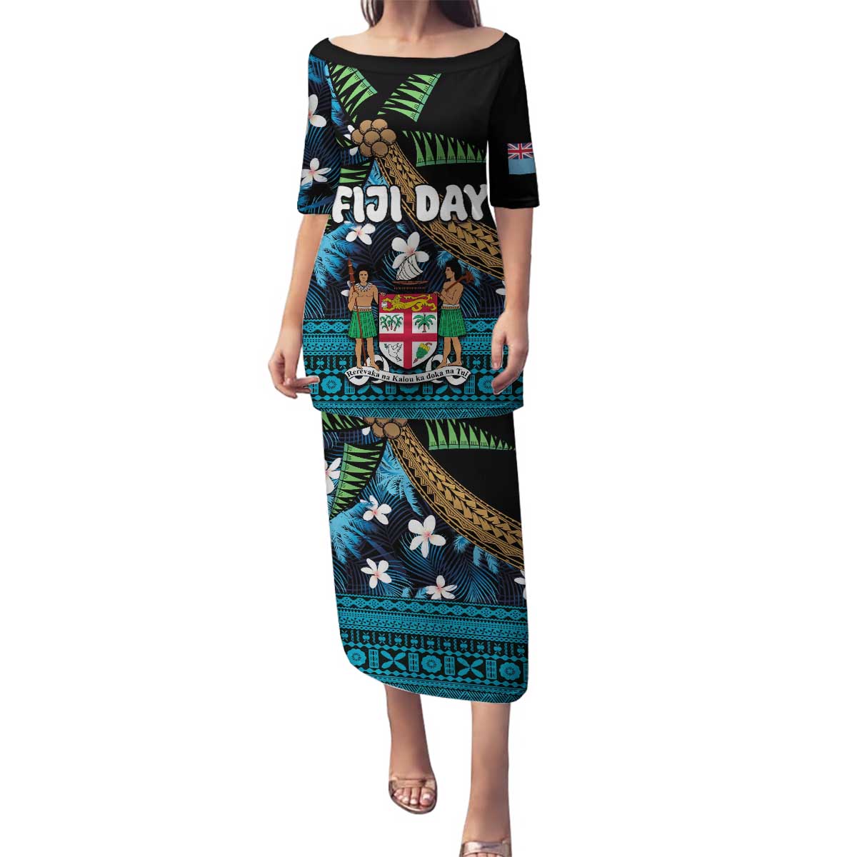 Fiji Day Family Matching Puletasi and Hawaiian Shirt Palm Tree With Plumeria Tapa Tribal Pattern LT03 Mom's Dress Blue - Polynesian Pride