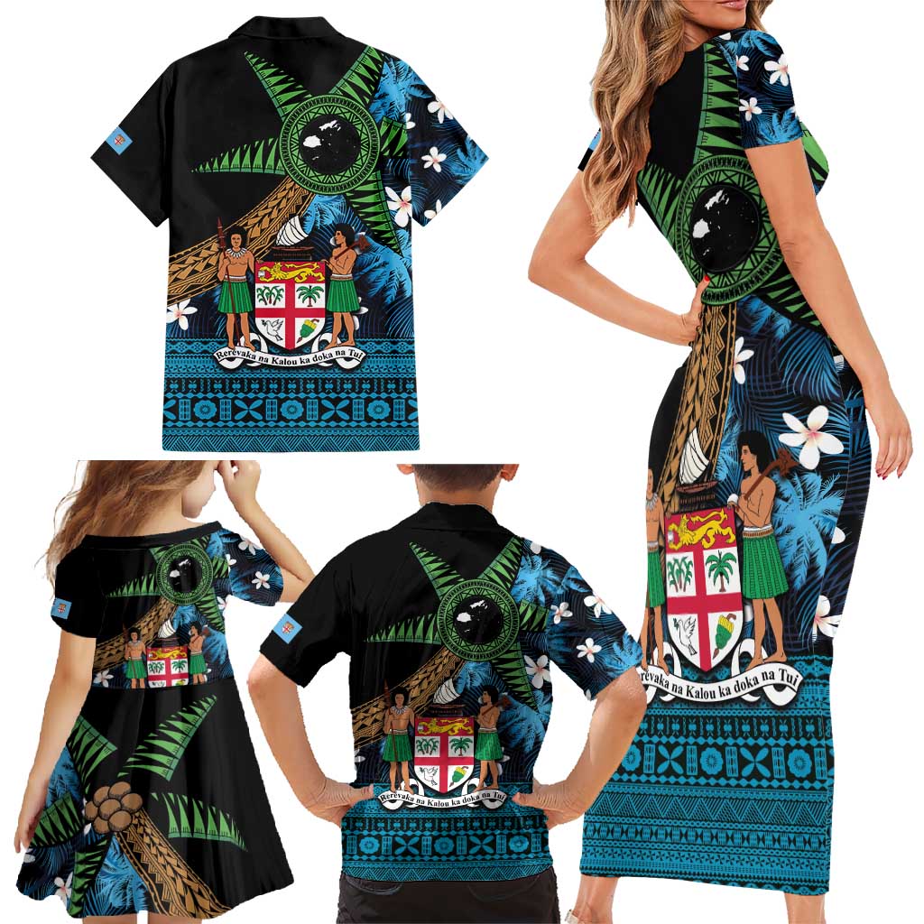 Fiji Day Family Matching Short Sleeve Bodycon Dress and Hawaiian Shirt Palm Tree With Plumeria Tapa Tribal Pattern LT03 - Polynesian Pride