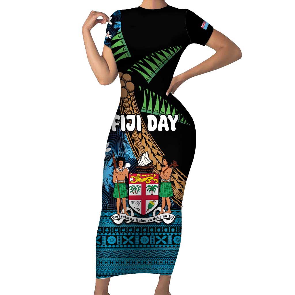 Fiji Day Family Matching Short Sleeve Bodycon Dress and Hawaiian Shirt Palm Tree With Plumeria Tapa Tribal Pattern LT03 Mom's Dress Blue - Polynesian Pride