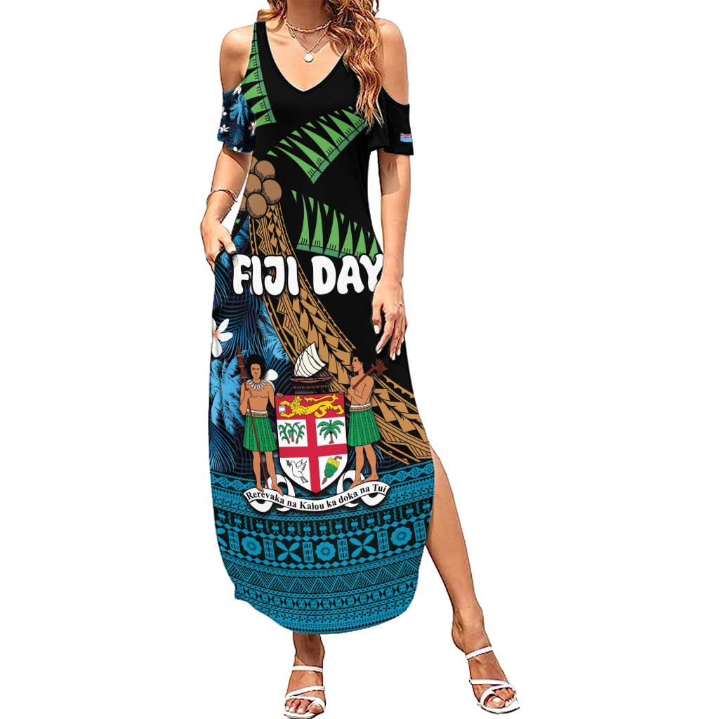 Fiji Day Family Matching Summer Maxi Dress and Hawaiian Shirt Palm Tree With Plumeria Tapa Tribal Pattern LT03 Mom's Dress Blue - Polynesian Pride