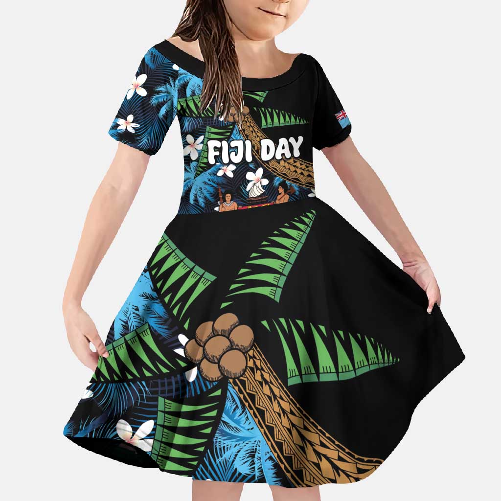 Fiji Day Family Matching Tank Maxi Dress and Hawaiian Shirt Palm Tree With Plumeria Tapa Tribal Pattern LT03 Daughter's Dress Blue - Polynesian Pride