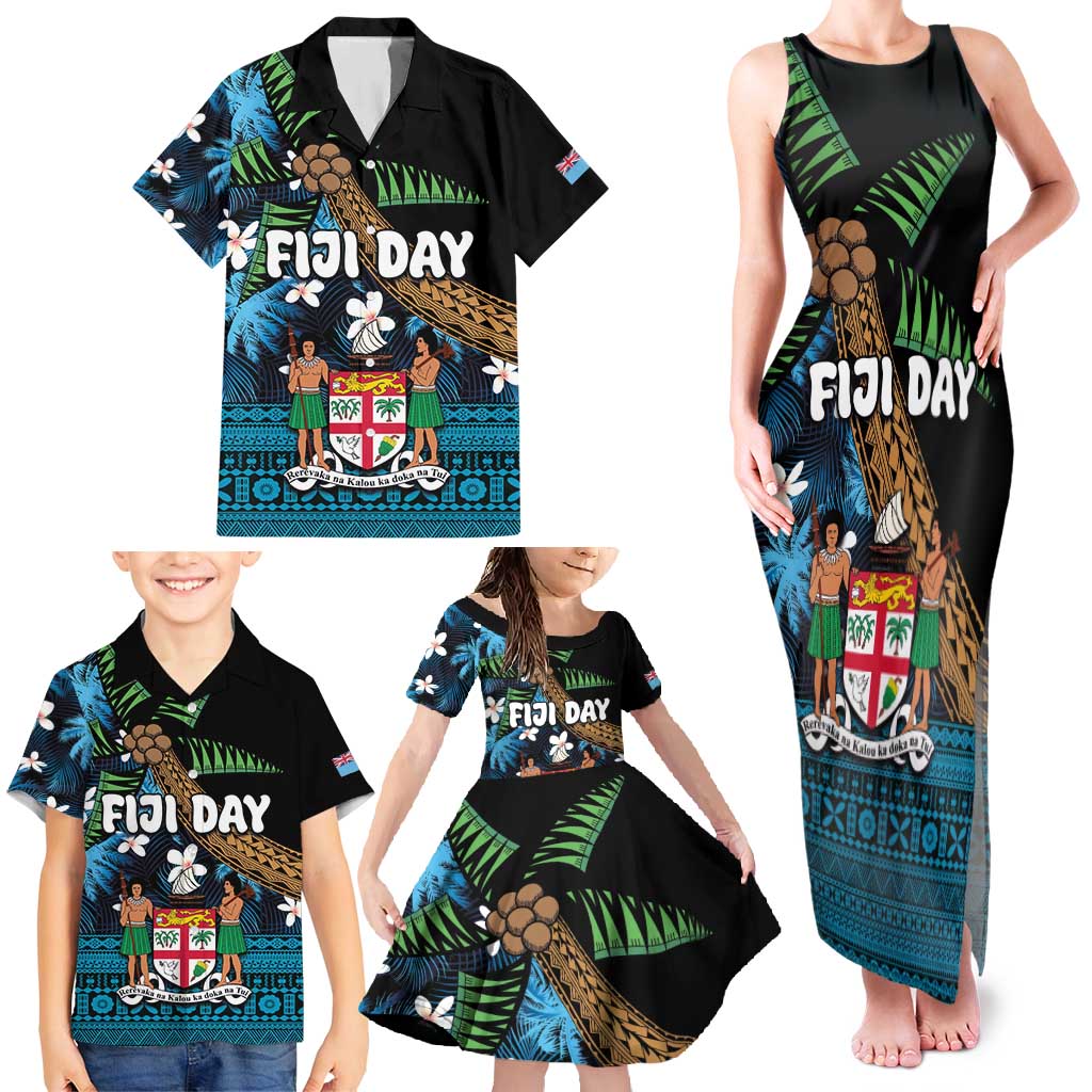Fiji Day Family Matching Tank Maxi Dress and Hawaiian Shirt Palm Tree With Plumeria Tapa Tribal Pattern LT03 - Polynesian Pride