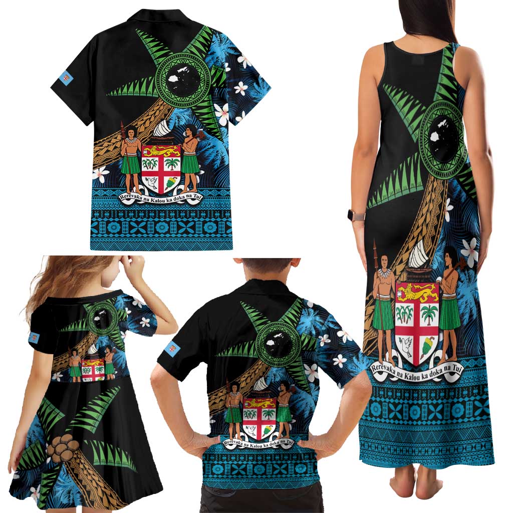 Fiji Day Family Matching Tank Maxi Dress and Hawaiian Shirt Palm Tree With Plumeria Tapa Tribal Pattern LT03 - Polynesian Pride