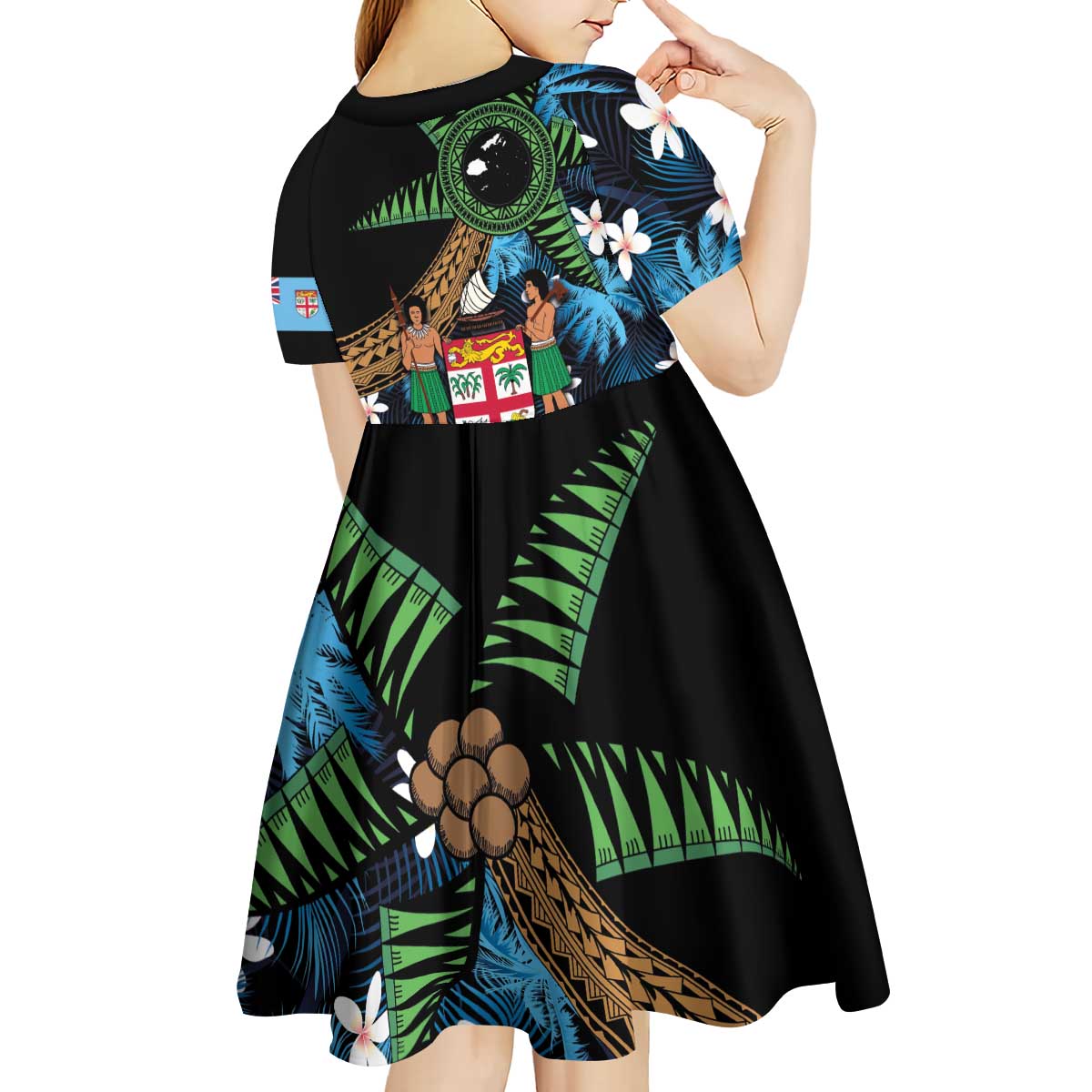 Fiji Day Kid Short Sleeve Dress Palm Tree With Plumeria Tapa Tribal Pattern