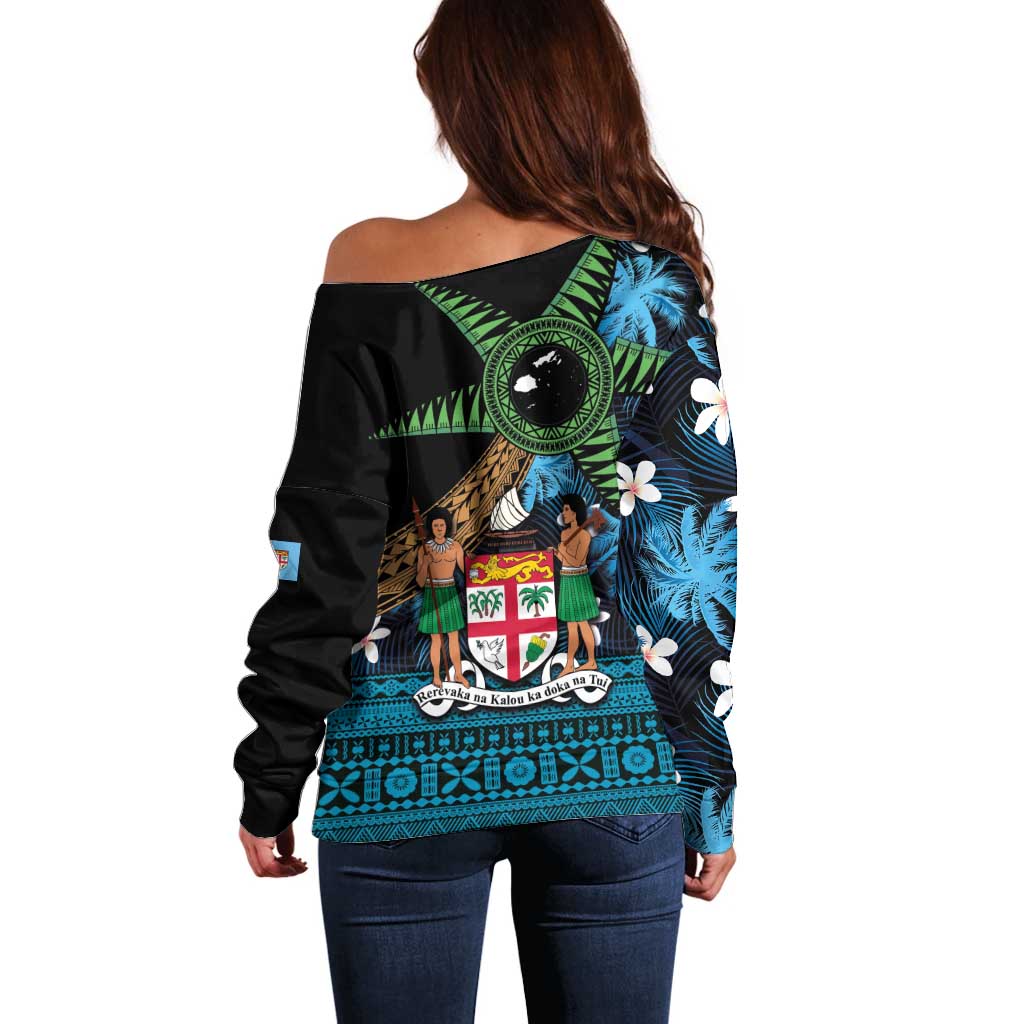 Fiji Day Off Shoulder Sweater Palm Tree With Plumeria Tapa Tribal Pattern LT03 - Polynesian Pride