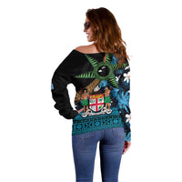 Fiji Day Off Shoulder Sweater Palm Tree With Plumeria Tapa Tribal Pattern LT03 - Polynesian Pride