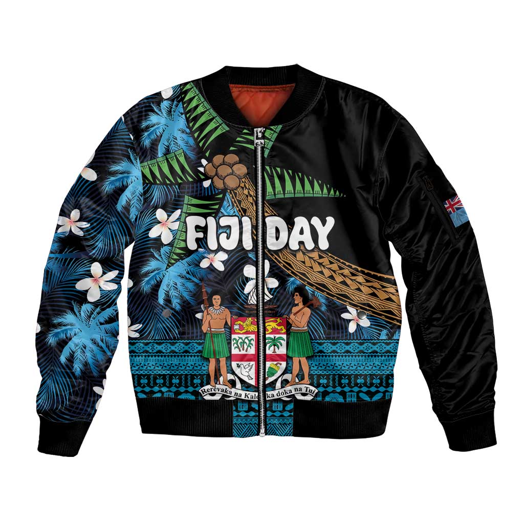 Fiji Day Sleeve Zip Bomber Jacket Palm Tree With Plumeria Tapa Tribal Pattern LT03 Unisex Blue - Polynesian Pride