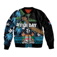 Fiji Day Sleeve Zip Bomber Jacket Palm Tree With Plumeria Tapa Tribal Pattern LT03 Unisex Blue - Polynesian Pride