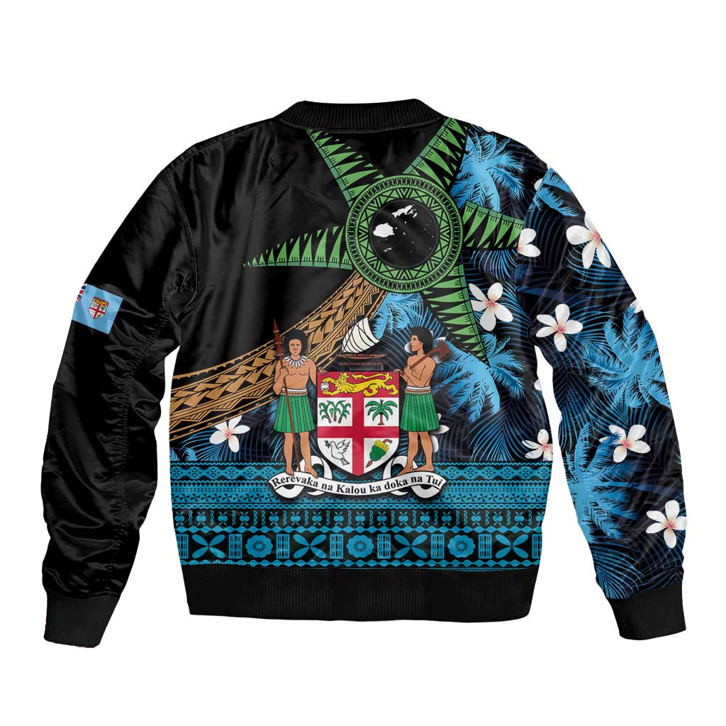 Fiji Day Sleeve Zip Bomber Jacket Palm Tree With Plumeria Tapa Tribal Pattern LT03 - Polynesian Pride