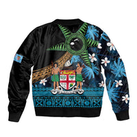 Fiji Day Sleeve Zip Bomber Jacket Palm Tree With Plumeria Tapa Tribal Pattern LT03 - Polynesian Pride