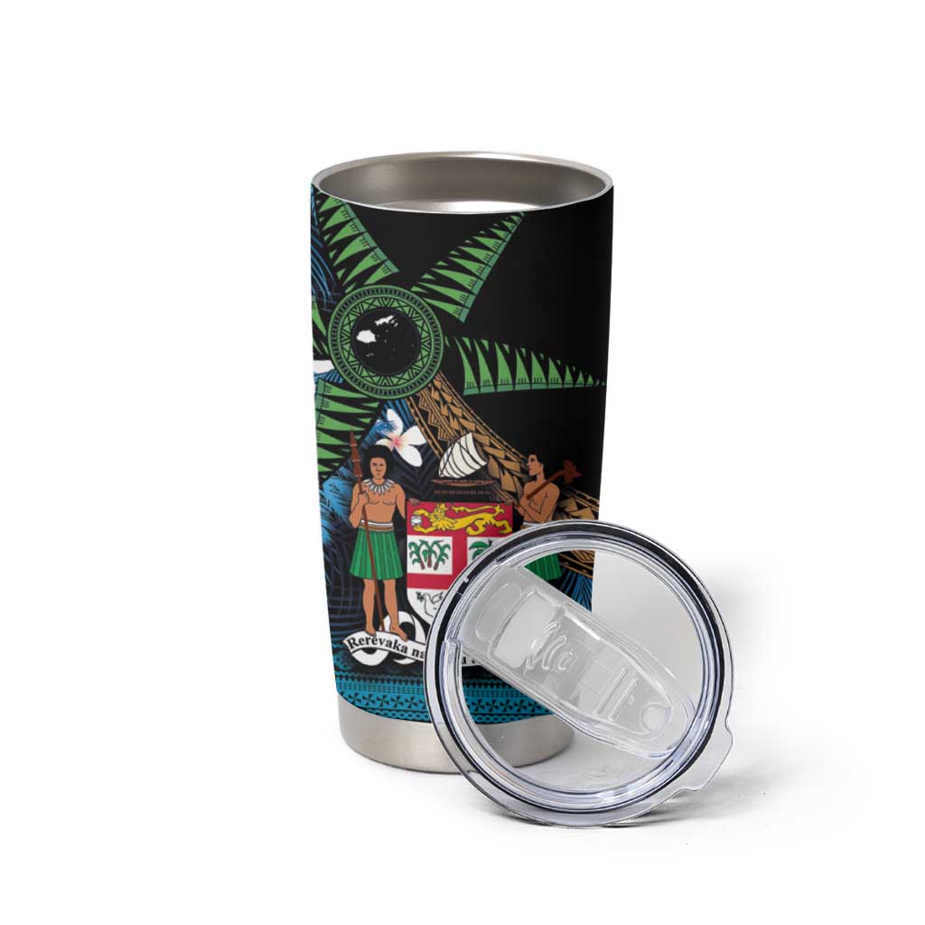 Fiji Day Tumbler Cup Palm Tree With Plumeria Tapa Tribal Pattern