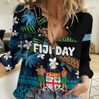Fiji Day Women Casual Shirt Palm Tree With Plumeria Tapa Tribal Pattern LT03 Female Blue - Polynesian Pride