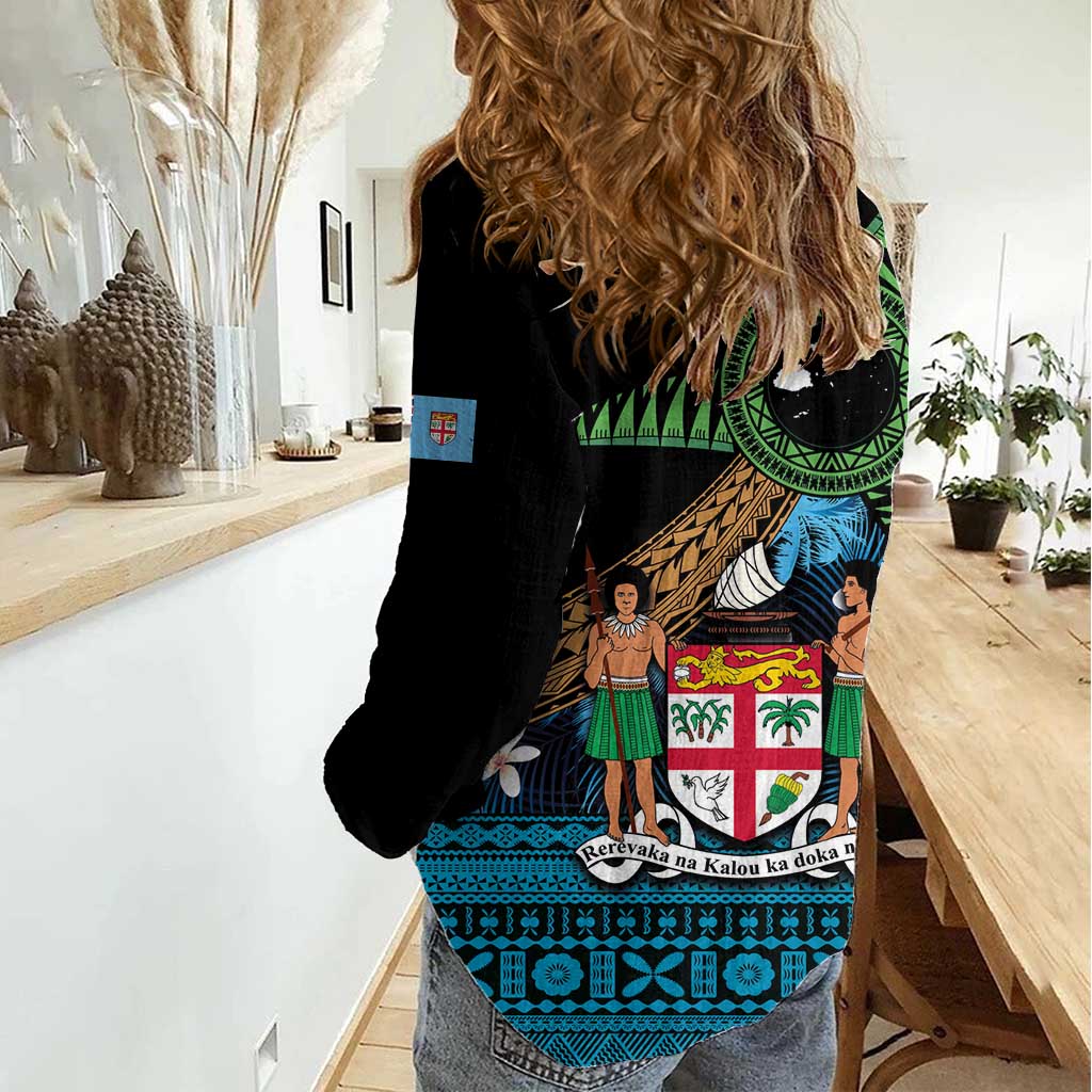 Fiji Day Women Casual Shirt Palm Tree With Plumeria Tapa Tribal Pattern LT03 - Polynesian Pride