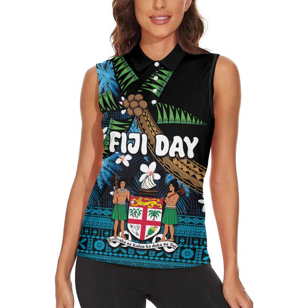 Fiji Day Women Sleeveless Polo Shirt Palm Tree With Plumeria Tapa Tribal Pattern
