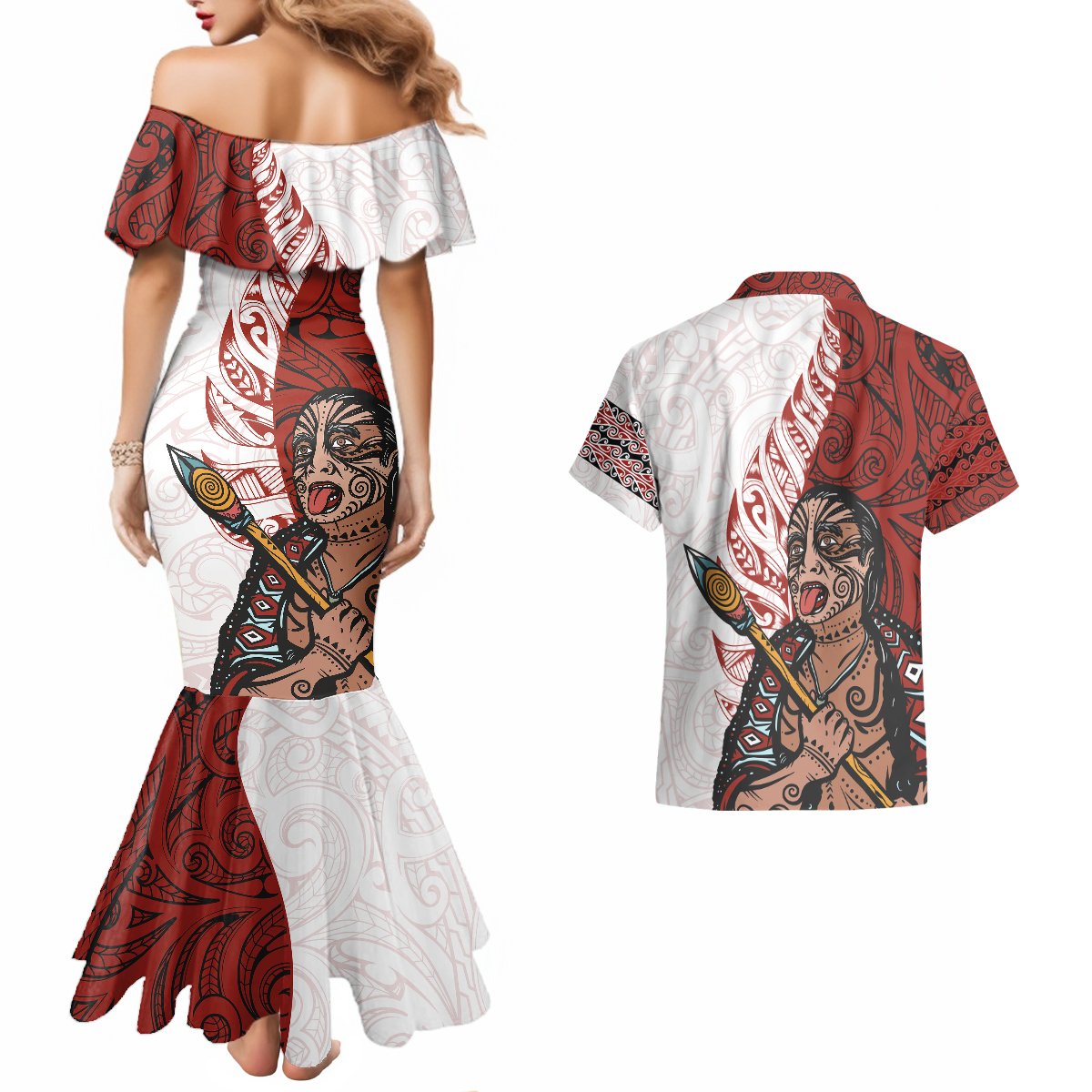 Maori Warrior Couples Matching Mermaid Dress and Hawaiian Shirt Silver Fern New Zealand Map With Kowhaiwhai Pattern LT03 - Polynesian Pride