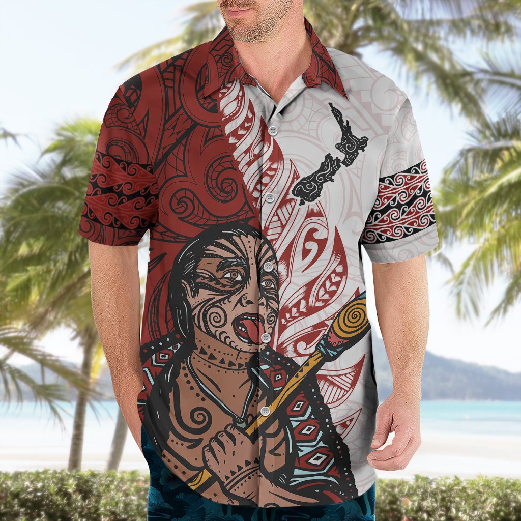 Maori Warrior Hawaiian Shirt Silver Fern New Zealand Map With Kowhaiwhai Pattern LT03 - Polynesian Pride