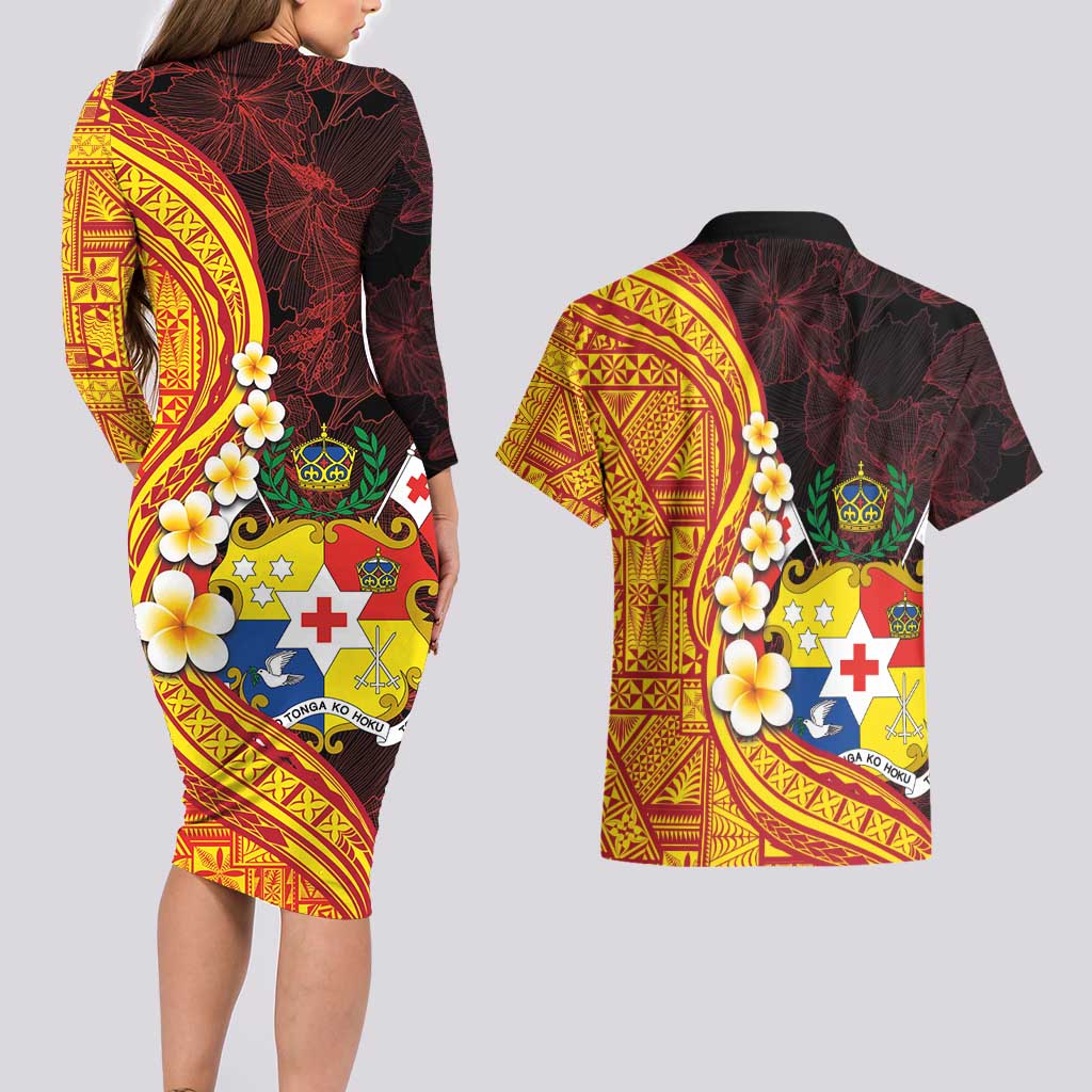 Tonga Culture Couples Matching Long Sleeve Bodycon Dress and Hawaiian Shirt Ngatu Pattern with Plumeria and Hibiscus LT03 - Polynesian Pride