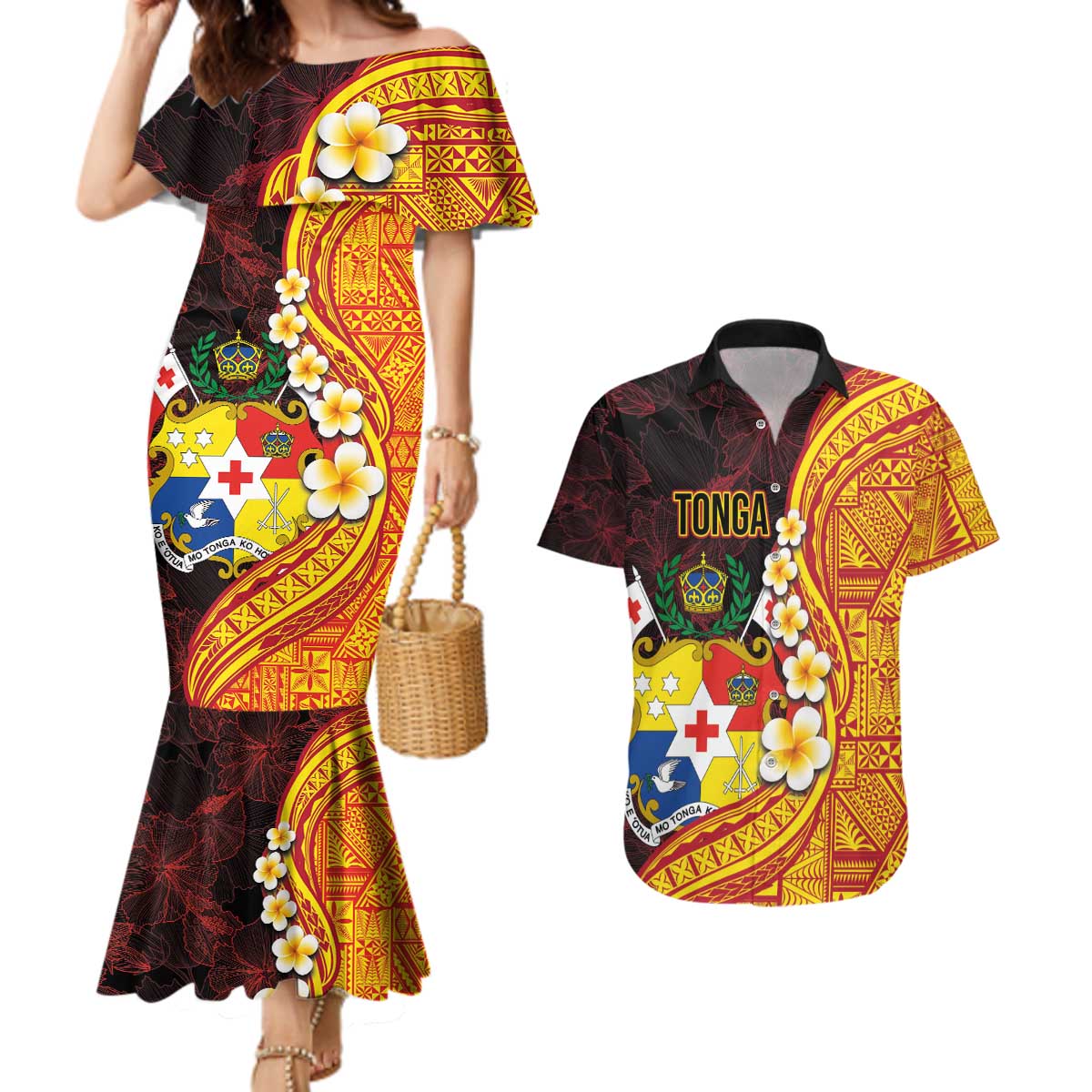 Tonga Culture Couples Matching Mermaid Dress and Hawaiian Shirt Ngatu Pattern with Plumeria and Hibiscus LT03 Black - Polynesian Pride