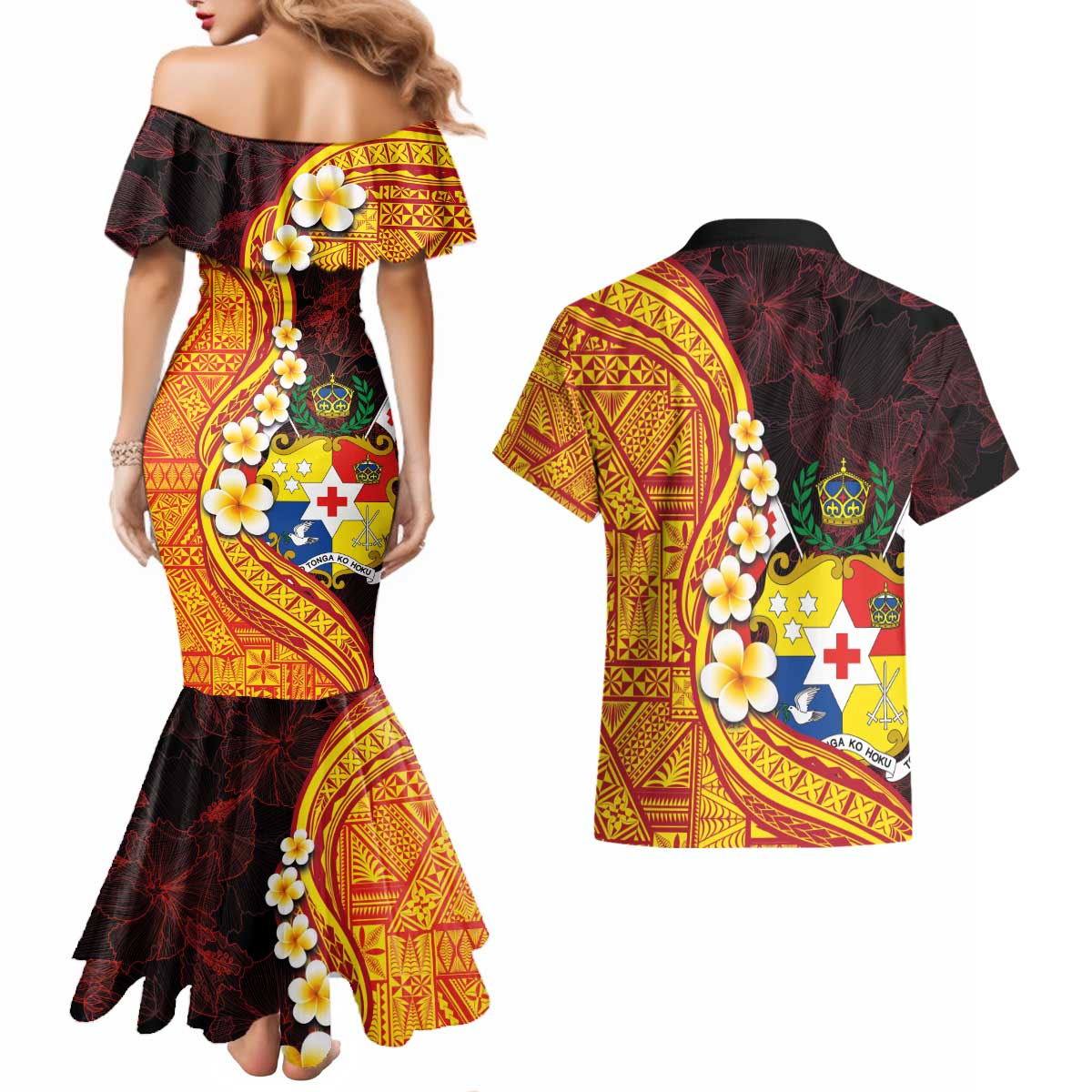 Tonga Culture Couples Matching Mermaid Dress and Hawaiian Shirt Ngatu Pattern with Plumeria and Hibiscus LT03 - Polynesian Pride