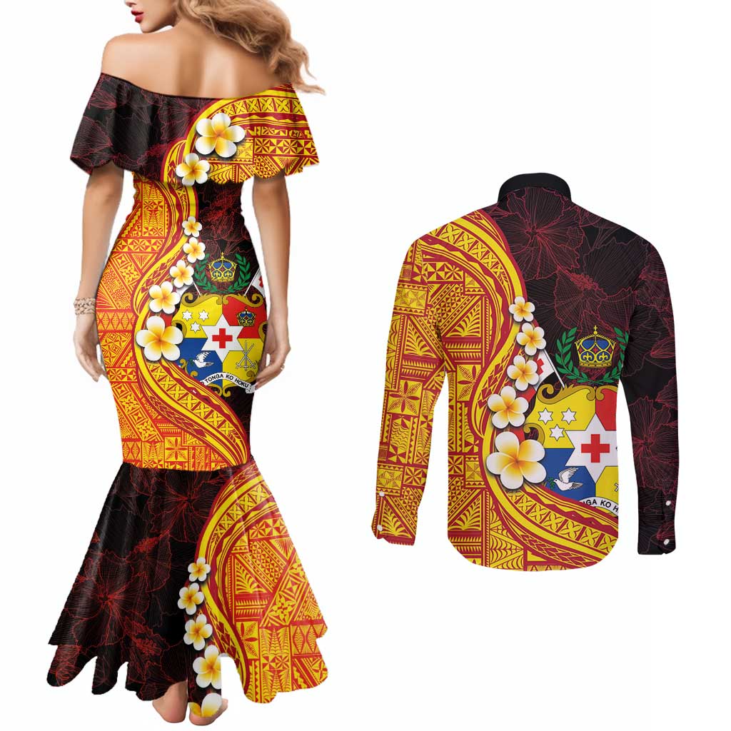 Tonga Culture Couples Matching Mermaid Dress and Long Sleeve Button Shirt Ngatu Pattern with Plumeria and Hibiscus LT03 - Polynesian Pride