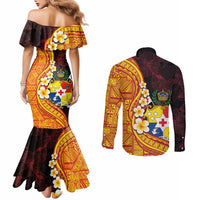 Tonga Culture Couples Matching Mermaid Dress and Long Sleeve Button Shirt Ngatu Pattern with Plumeria and Hibiscus LT03 - Polynesian Pride