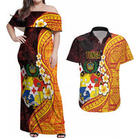 Tonga Culture Couples Matching Off Shoulder Maxi Dress and Hawaiian Shirt Ngatu Pattern with Plumeria and Hibiscus LT03 Black - Polynesian Pride