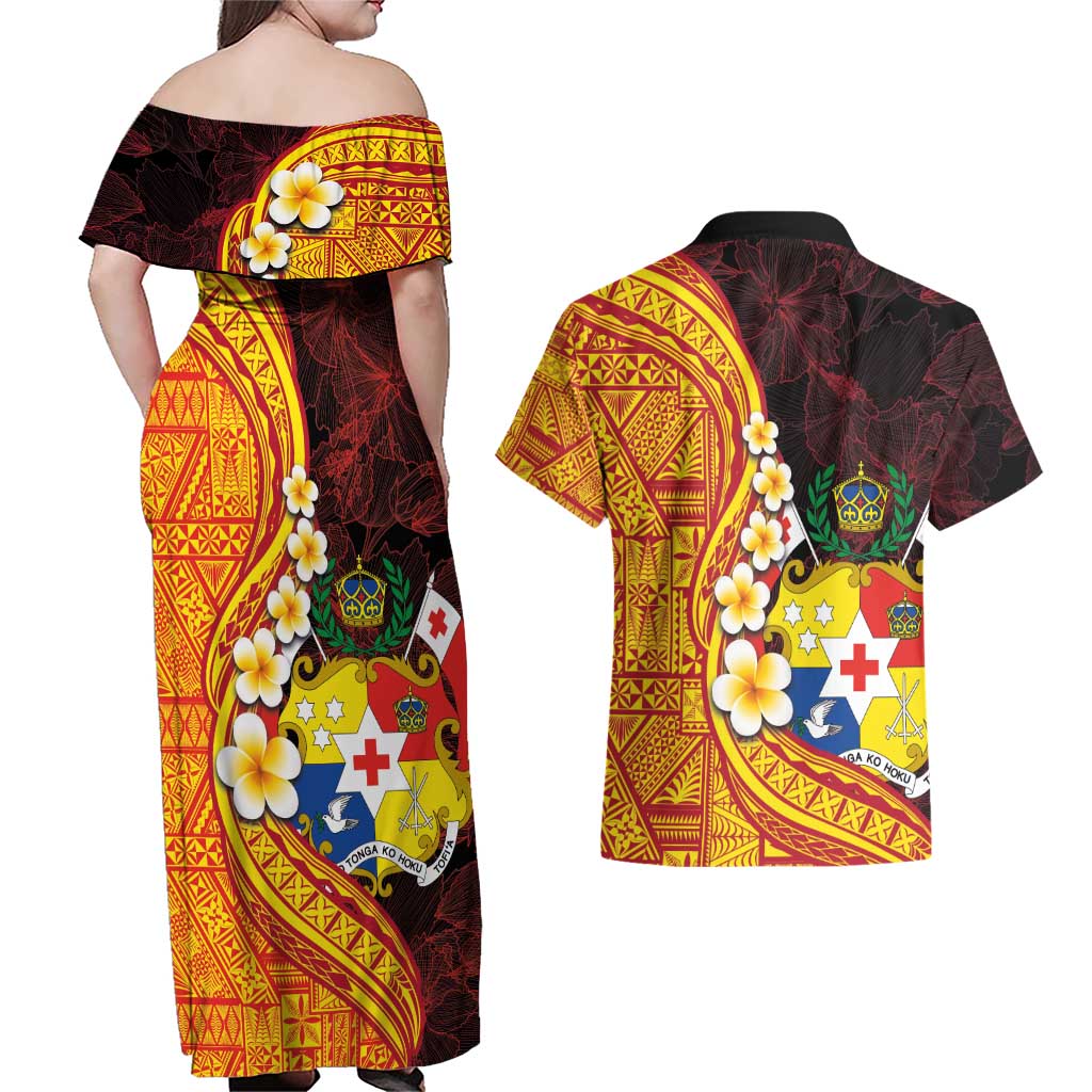 Tonga Culture Couples Matching Off Shoulder Maxi Dress and Hawaiian Shirt Ngatu Pattern with Plumeria and Hibiscus LT03 - Polynesian Pride