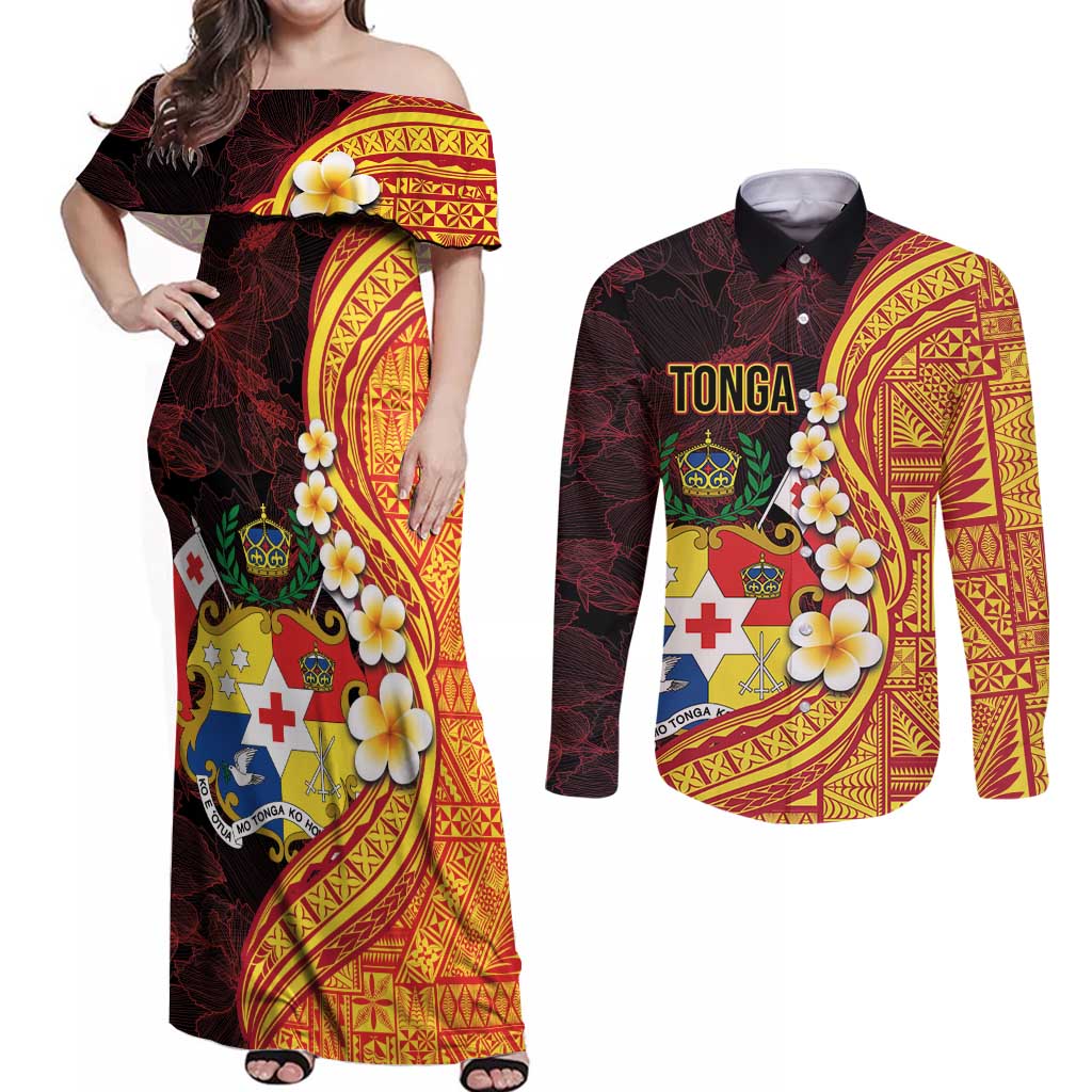 Tonga Culture Couples Matching Off Shoulder Maxi Dress and Long Sleeve Button Shirt Ngatu Pattern with Plumeria and Hibiscus LT03 Black - Polynesian Pride