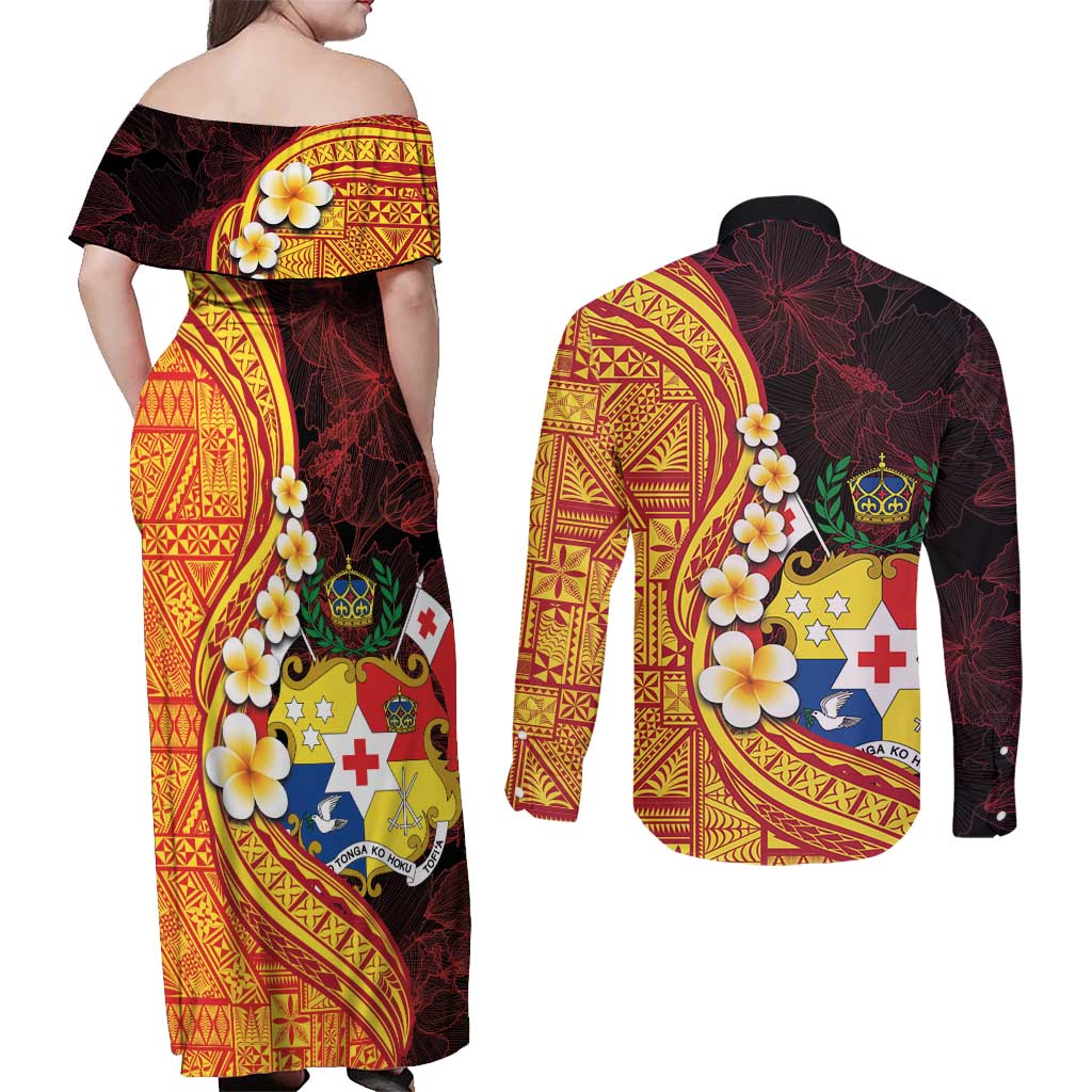Tonga Culture Couples Matching Off Shoulder Maxi Dress and Long Sleeve Button Shirt Ngatu Pattern with Plumeria and Hibiscus LT03 - Polynesian Pride