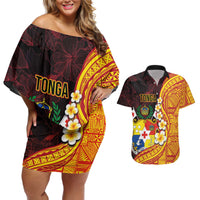 Tonga Culture Couples Matching Off Shoulder Short Dress and Hawaiian Shirt Ngatu Pattern with Plumeria and Hibiscus LT03 Black - Polynesian Pride