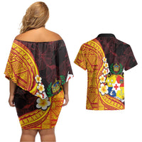Tonga Culture Couples Matching Off Shoulder Short Dress and Hawaiian Shirt Ngatu Pattern with Plumeria and Hibiscus LT03 - Polynesian Pride